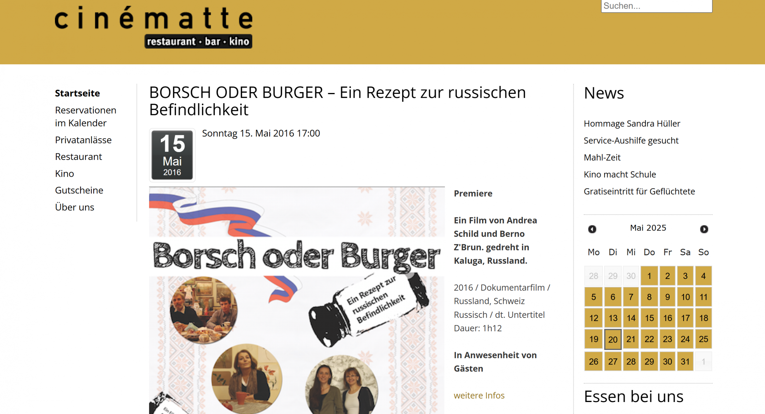 Dokumentarfilm von zeitaufnahnme.ch im Kino Cinématte in Bern. Film Borsch oder Burger